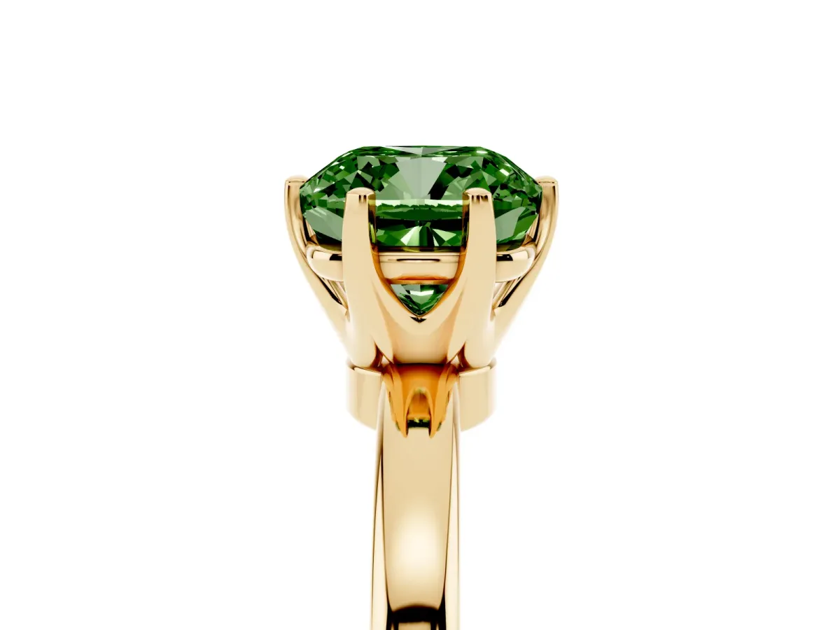 Fancy Green Cushion Cut Solitaire Diamond Ring with Six-Prong Setting on a Classic Band Yellow gold