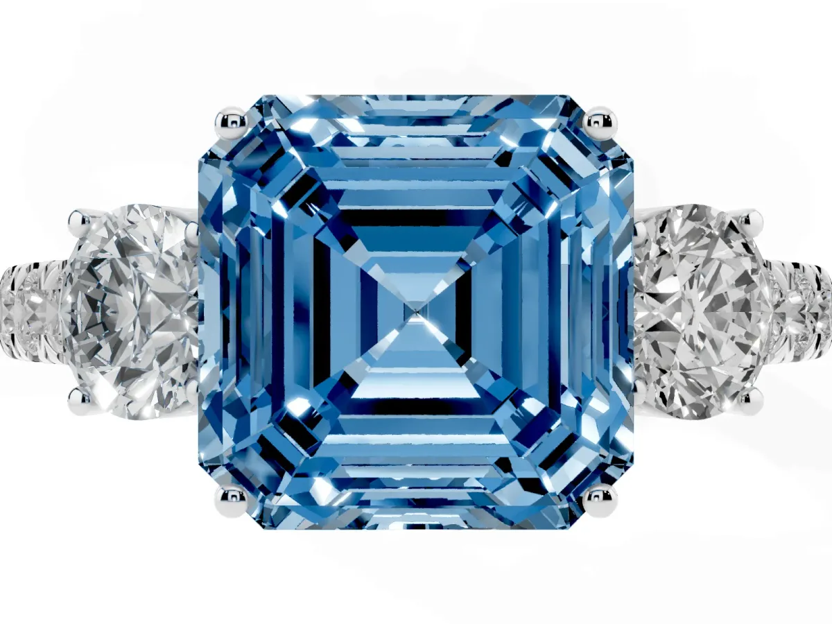 Fancy Blue Asscher Cut Cut Diamond Three-Stone Ring with Round Side Stones and Pavé Band White gold