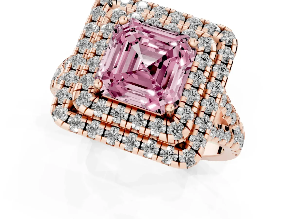 Fancy Pink Double Halo Asscher Cut Diamond Pavé Split Shank Ring with Prong Setting Rose gold