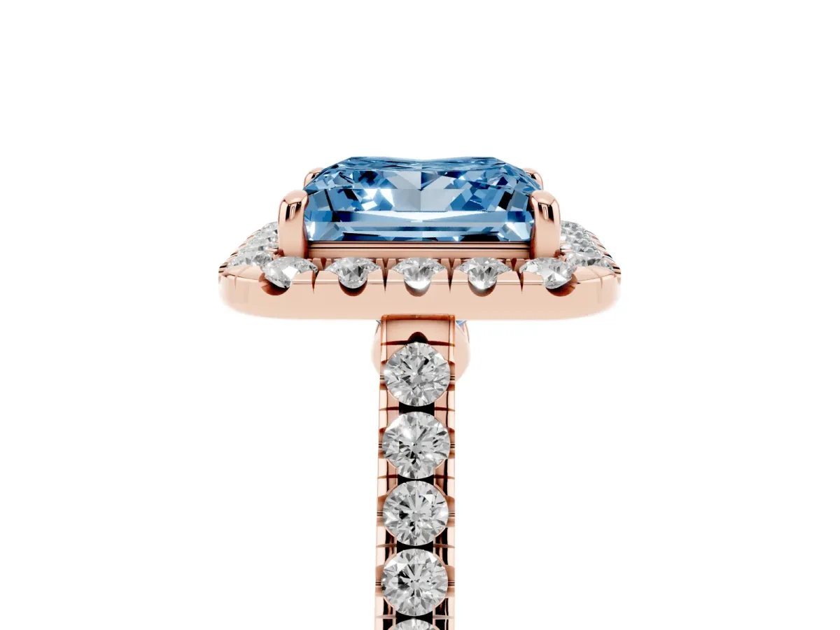 Fancy Blue Princess Cut Halo Pave Diamond Engagement Ring with Four-Prong Setting Rose gold