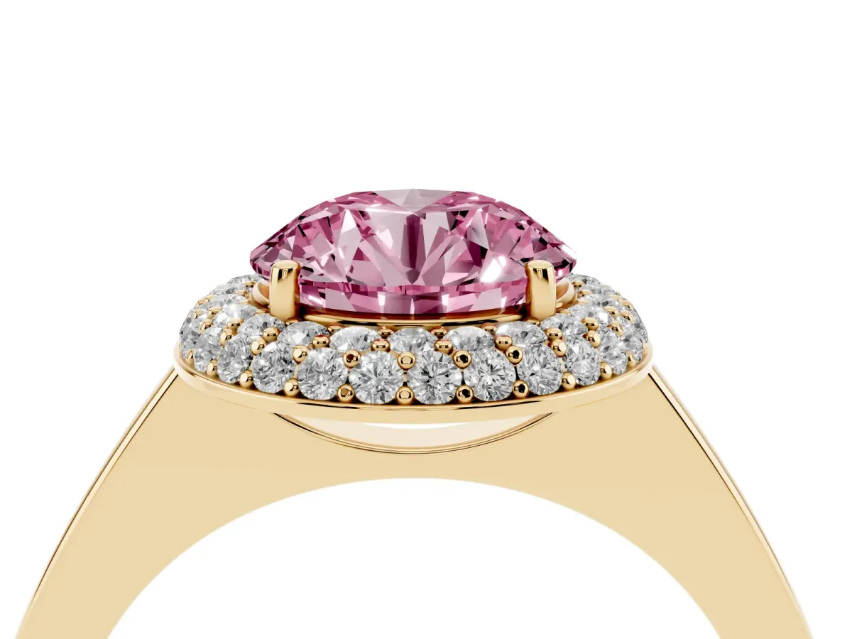Fancy Pink Round Cut Halo Diamond Engagement Ring with Solitaire Band and Four-Prong Setting Yellow gold