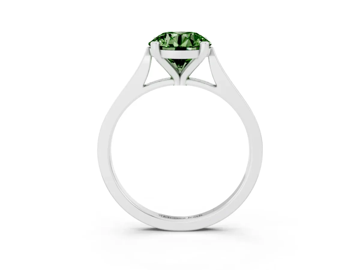 Fancy Green Round Cut Solitaire Diamond Ring with Four-Prong Setting and Tapered Band White gold