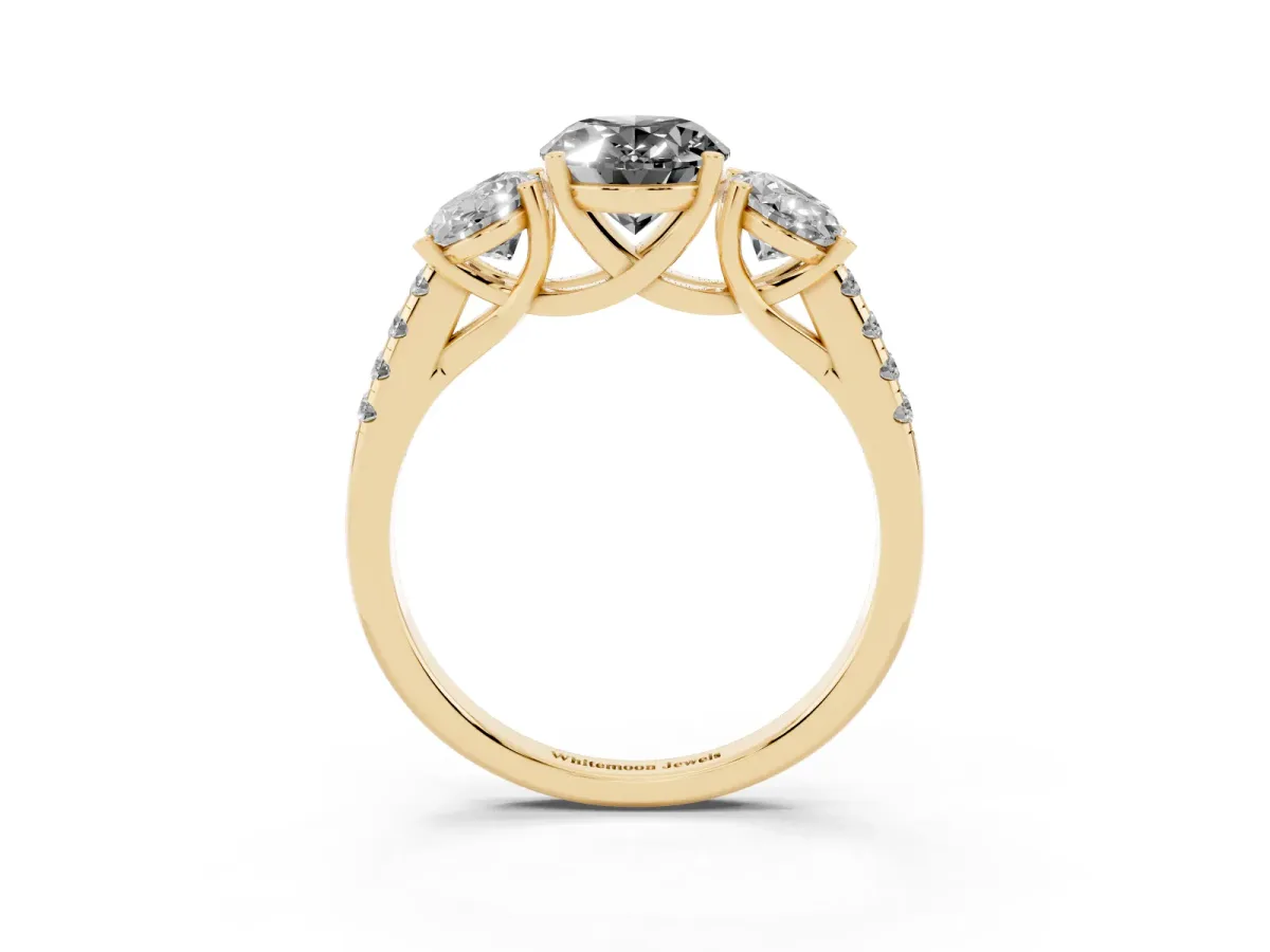 Fancy Black Three-Stone Oval Cut Diamond Ring with Round Pavé Band and Prong Setting Yellow gold