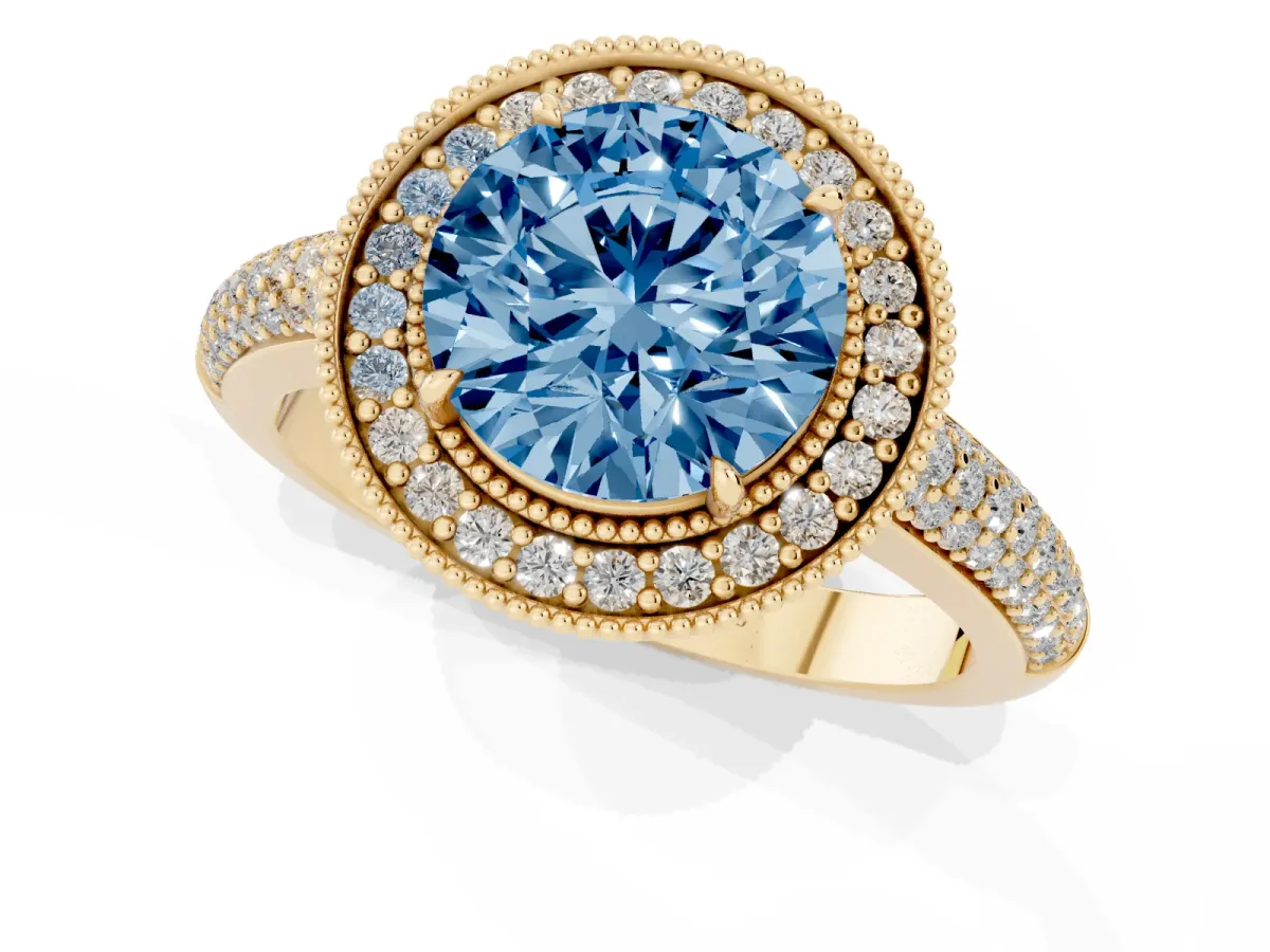 Fancy Blue Round Cut Cut Halo Diamond Pave Band with Four-Prong Setting Yellow gold
