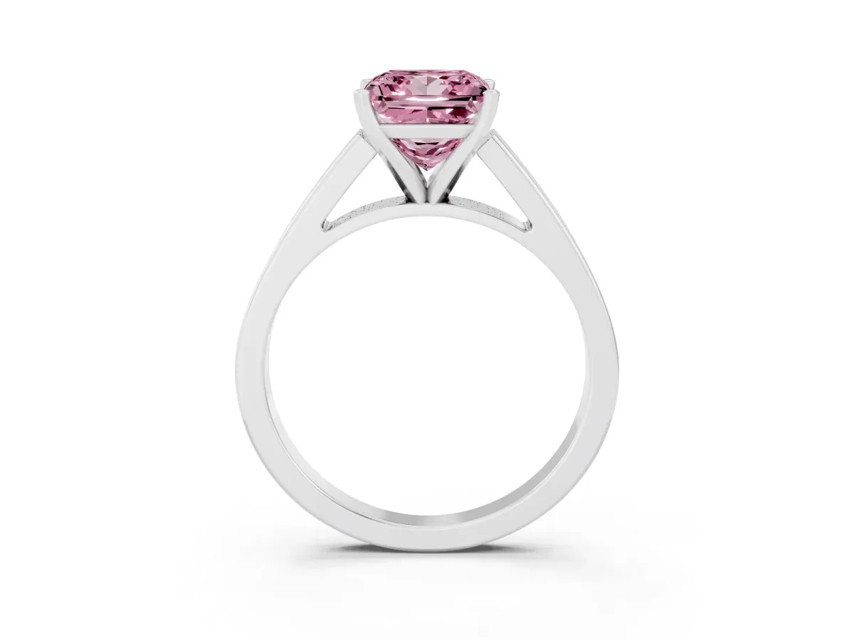 Fancy Pink Princess Cut Solitaire Engagement Ring with Four-Prong Setting and Tapered Band Platinum