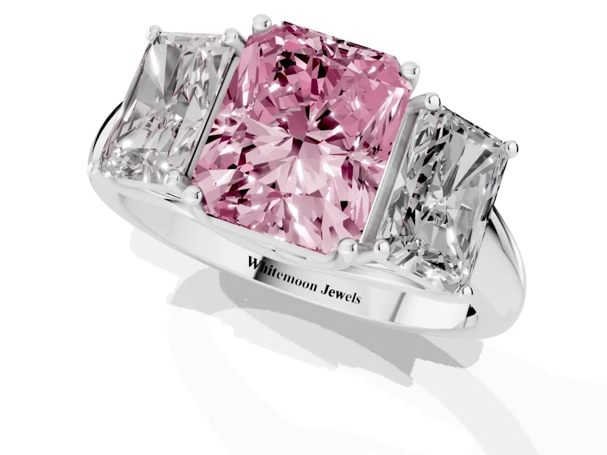 Fancy Pink Three-Stone Radiant Cut Diamond Engagement Ring with Prong Setting Silver