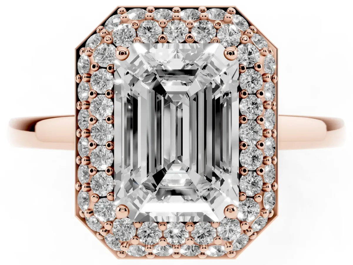 Emerald Cut Halo Diamond Engagement Ring with Solitaire Band and Four-Prong Setting Rose gold