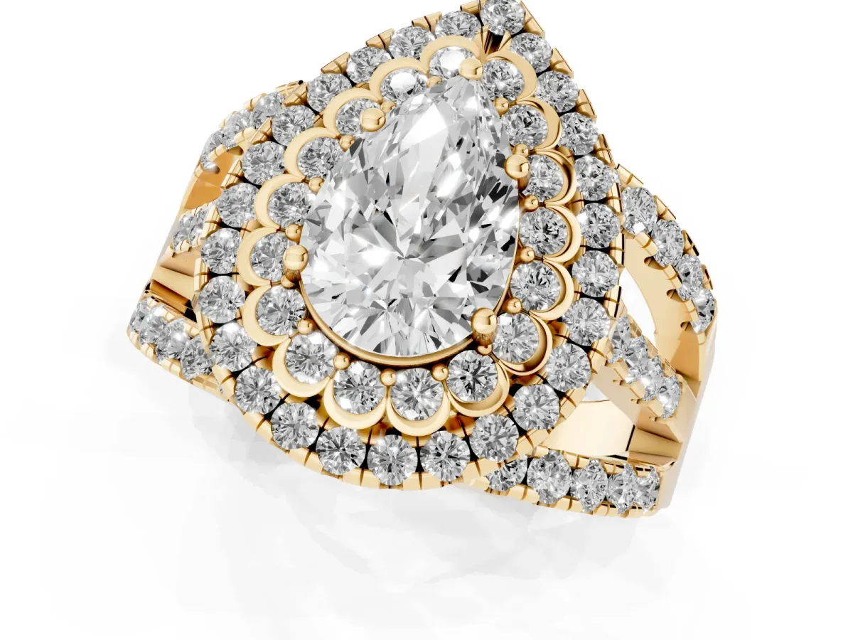 Pear Cut Diamond Double Halo Ring with Round Pavé Split Shank and Prong Setting Yellow gold