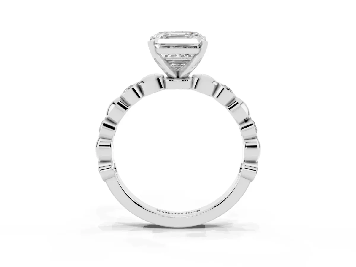 Asscher Cut Solitaire Bezel-Set Diamond Ring with Beaded Band and Four-Prong Setting Platinum