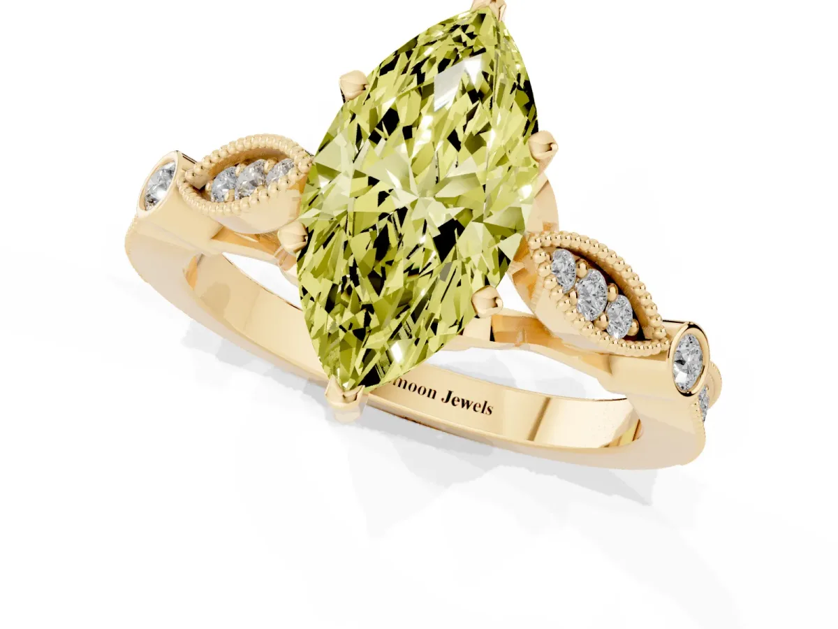 Fancy Yellow Marquise Cut Cut Diamond with Milgrain Marquise and Bezel Accents on a Solitaire Band with Prong Setting Yellow gold