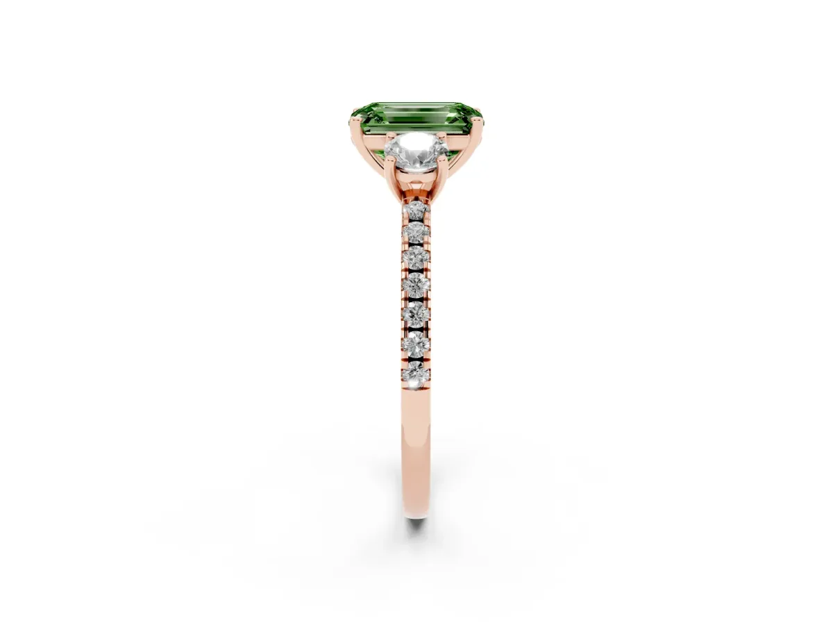 Fancy Green Three-Stone Emerald Cut Cut Diamond Pavé Band with Prong Setting Rose gold
