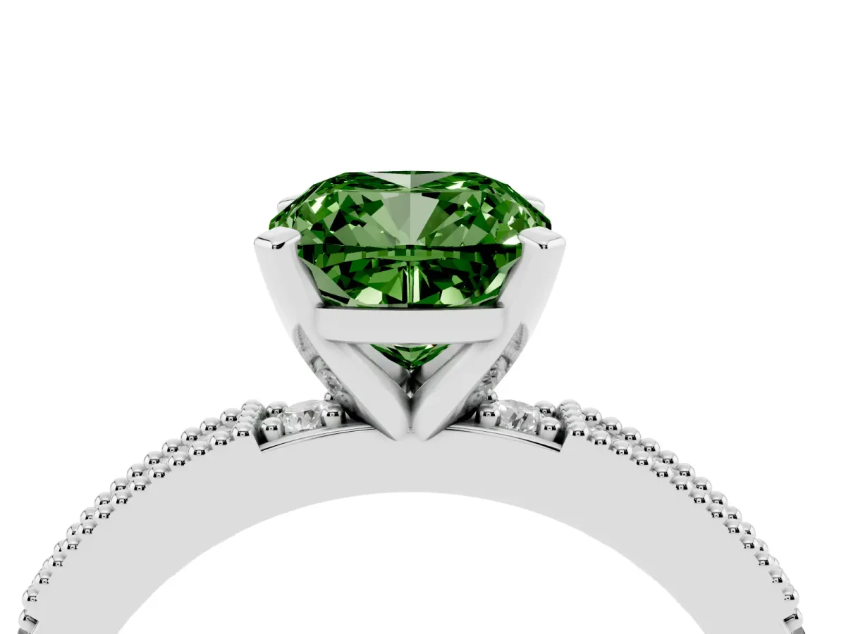 Fancy Green Cushion Cut Solitaire with Pavé Band and Four-Prong Setting Silver