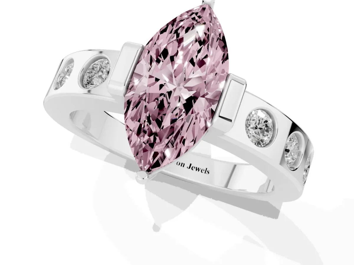 Fancy Pink Marquise Cut Brilliant Channel-Set Diamond Ring with Bezel Prong Setting Silver