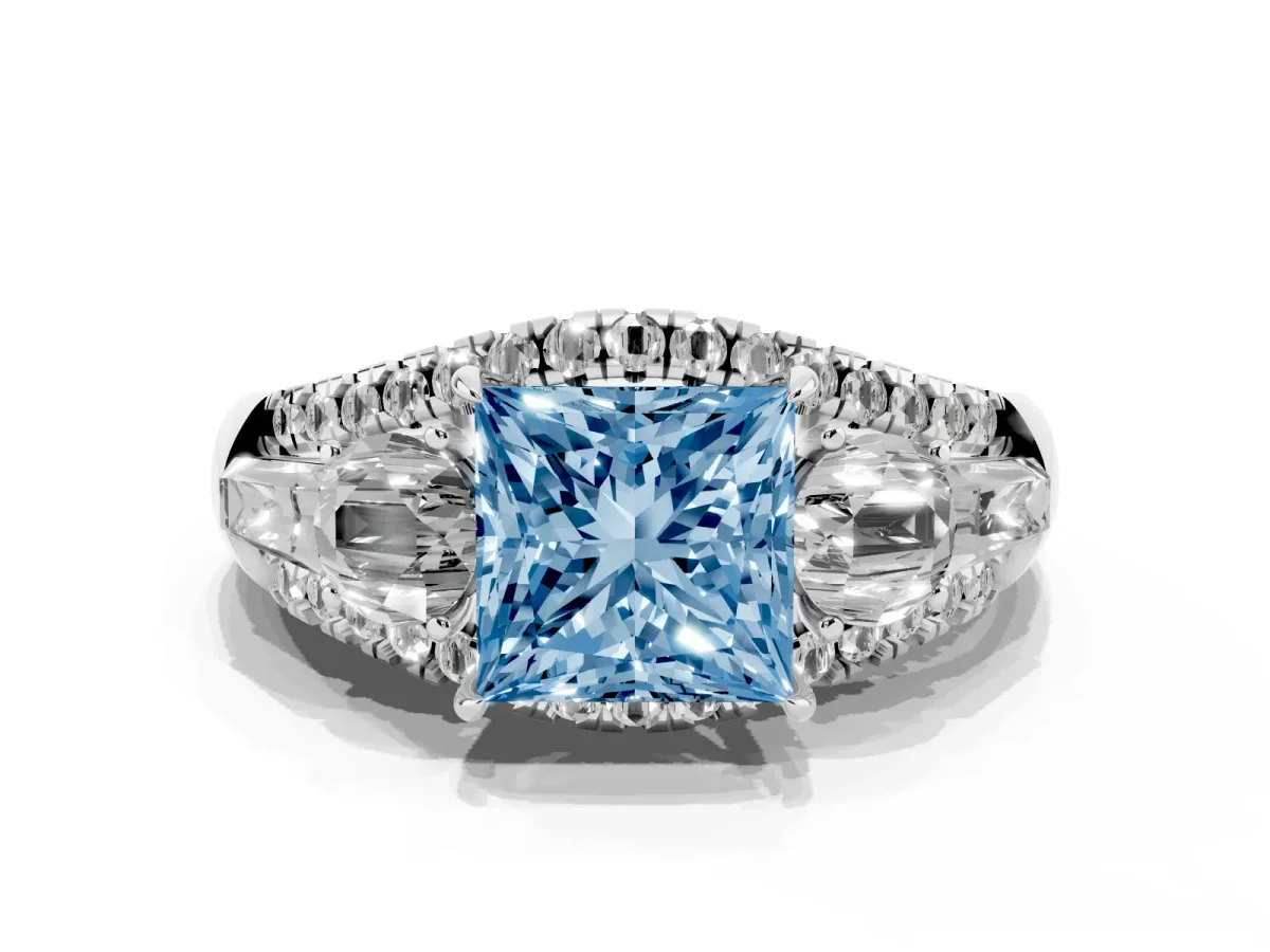 Fancy Blue Three-Stone Princess Cut Diamond Engagement Ring with Pave Band and Prong Setting White gold