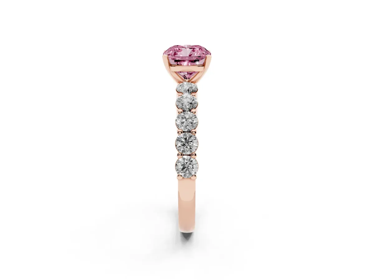 Fancy Pink Cushion Cut Diamond Solitaire Ring with Shared Prong Round Side Stones Rose gold