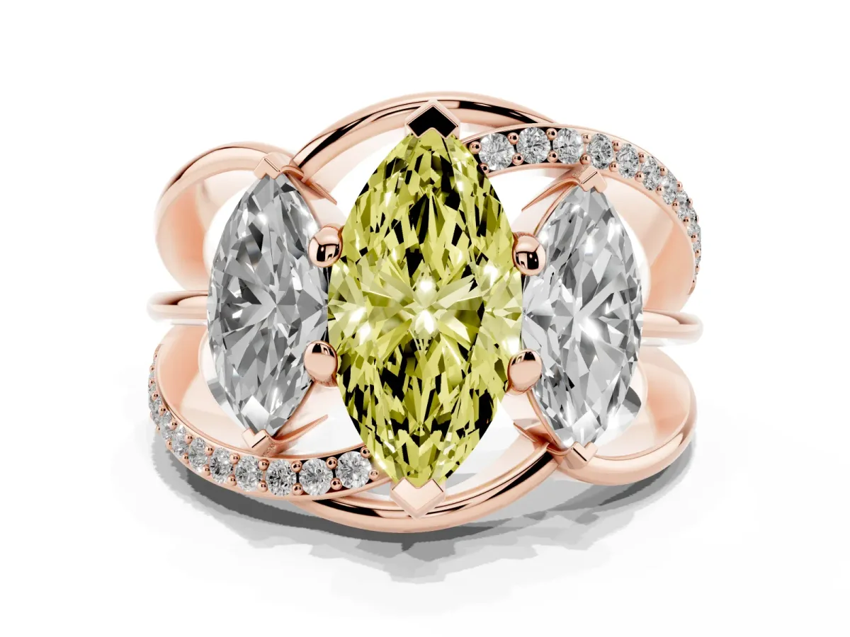 Fancy Yellow Three-Stone Marquise Cut Cut Diamond Split Shank Prong Set Ring Rose gold