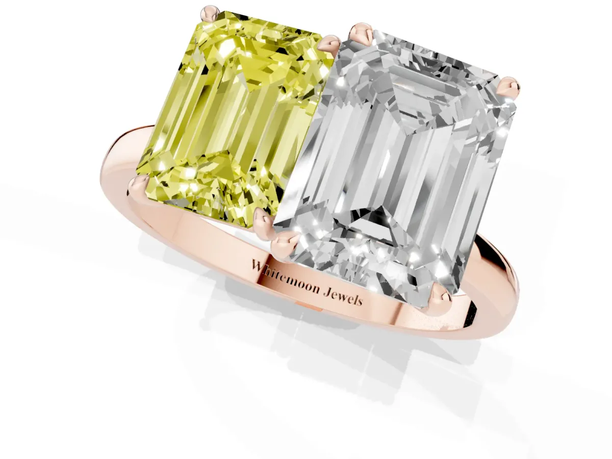 Fancy Yellow Emerald Cut and Emerald Cut Toi Moi Ring with Prong Setting Rose gold