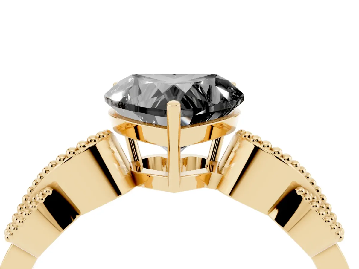 Fancy Black Heart Cut Solitaire Milgrain Leaf Band with Prong Setting Yellow gold