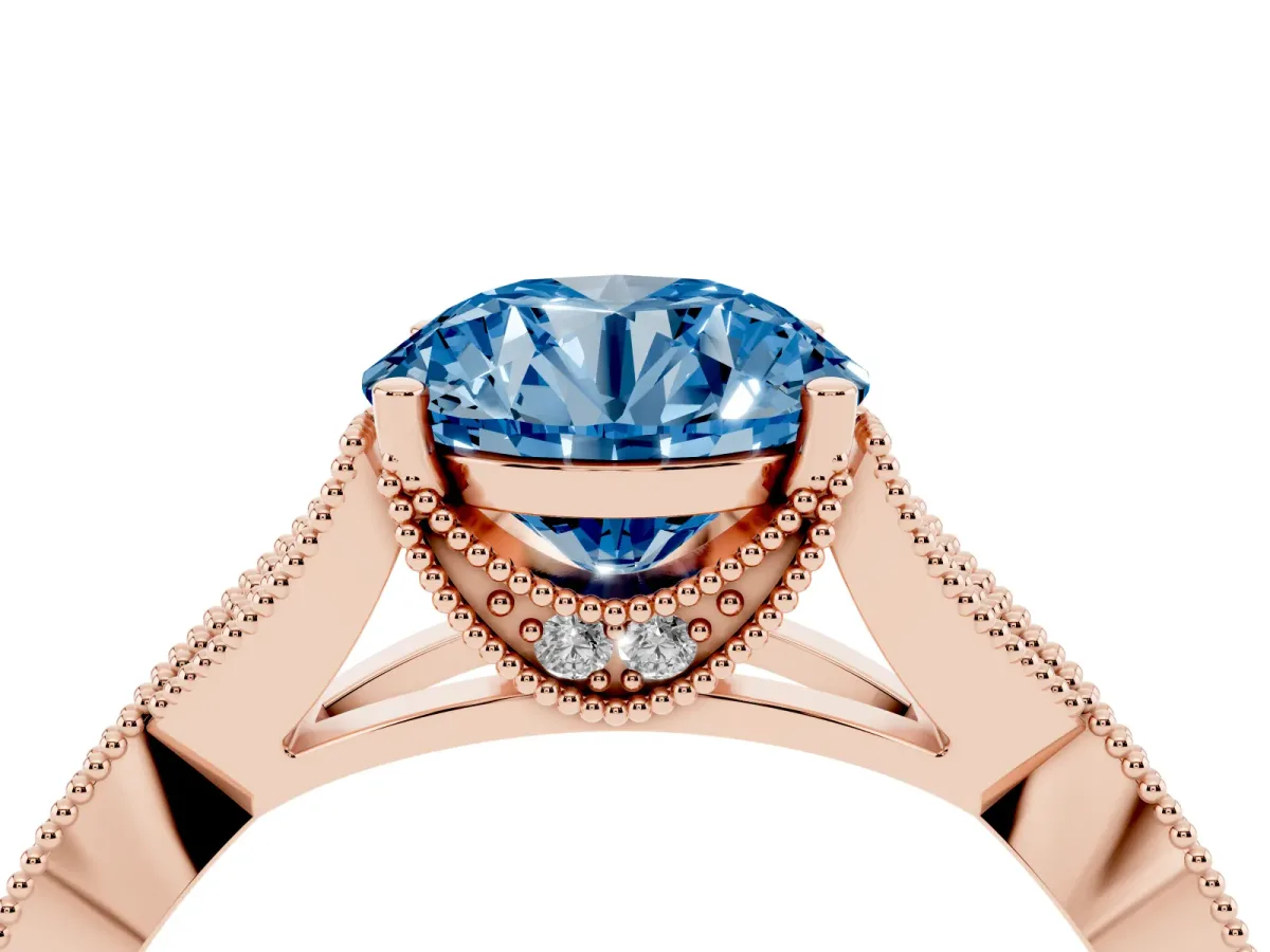 Fancy Blue Round Cut Cut Diamond Twisted Band with Milgrain Pave Setting and Four-Prong Setting Rose gold
