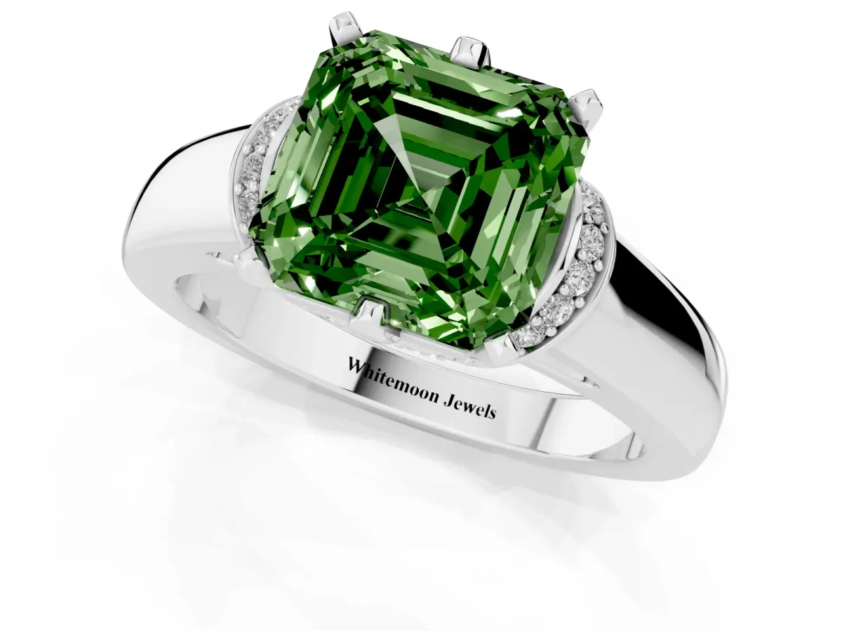 Fancy Green Asscher Cut Solitaire Diamond Ring with Pave Band and Six-Prong Setting Platinum