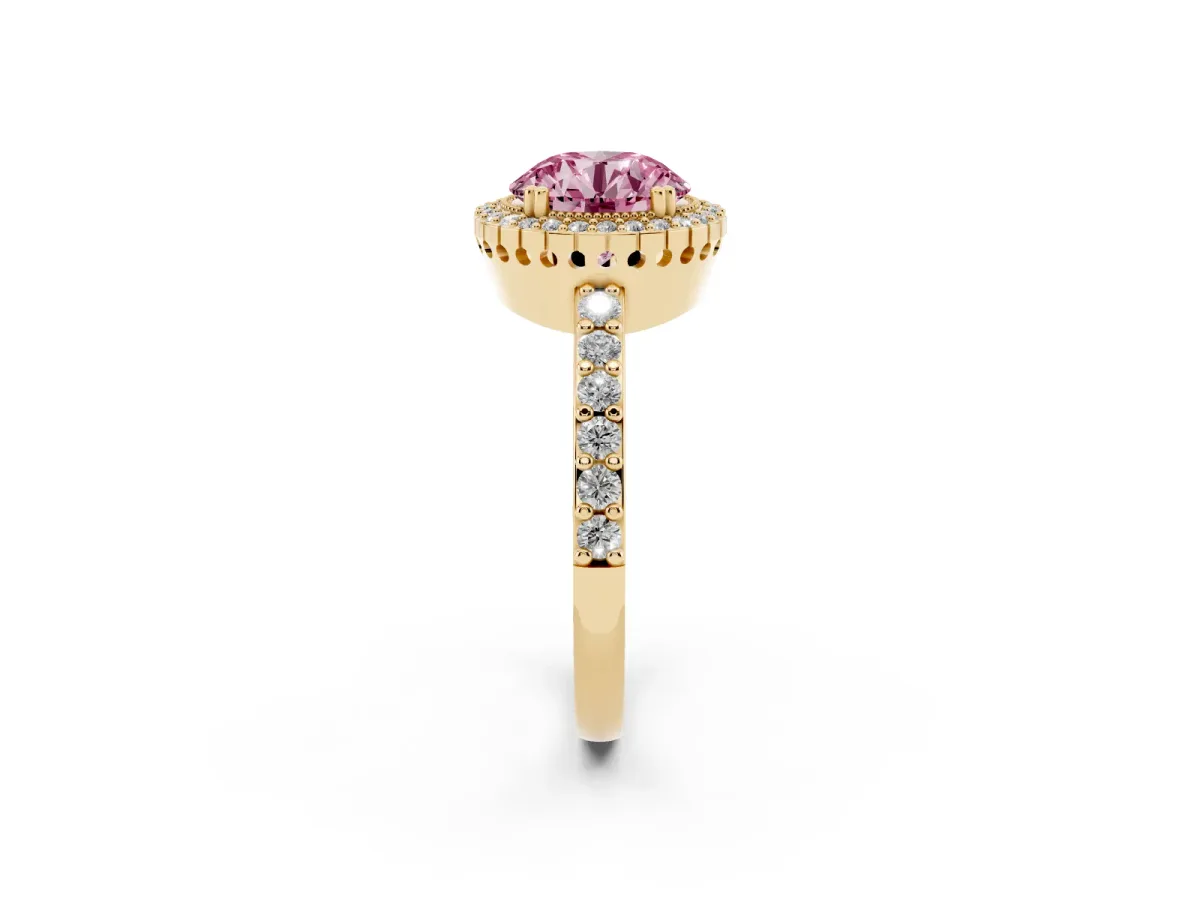 Fancy Pink Round Cut Cut Diamond Halo Engagement Ring with Milgrain Detail and Pavé Band Yellow gold