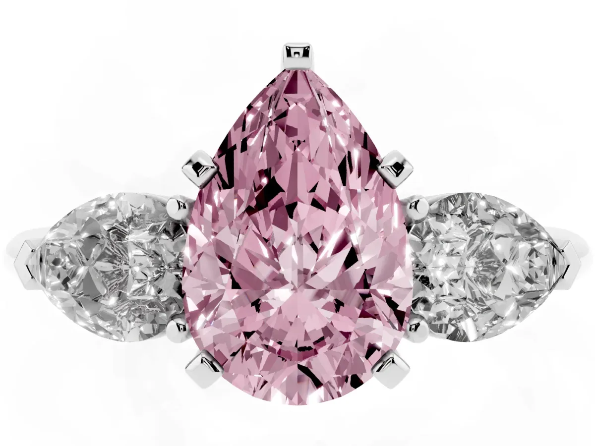 Fancy Pink Three-Stone Pear Cut Diamond Ring with Pear Side Stones and Four-Prong Setting Silver