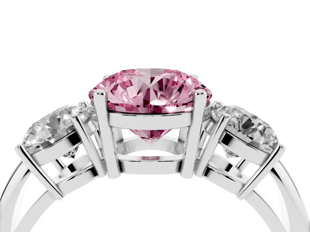 Fancy Pink Three-Stone Round Cut Cut Diamond Engagement Ring with Prong Setting on a White Gold Band Silver