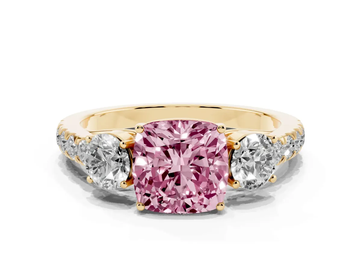 Fancy Pink Cushion Cut Cut Diamond Three-Stone Ring with Round Side Stones and Pavé Band Yellow gold