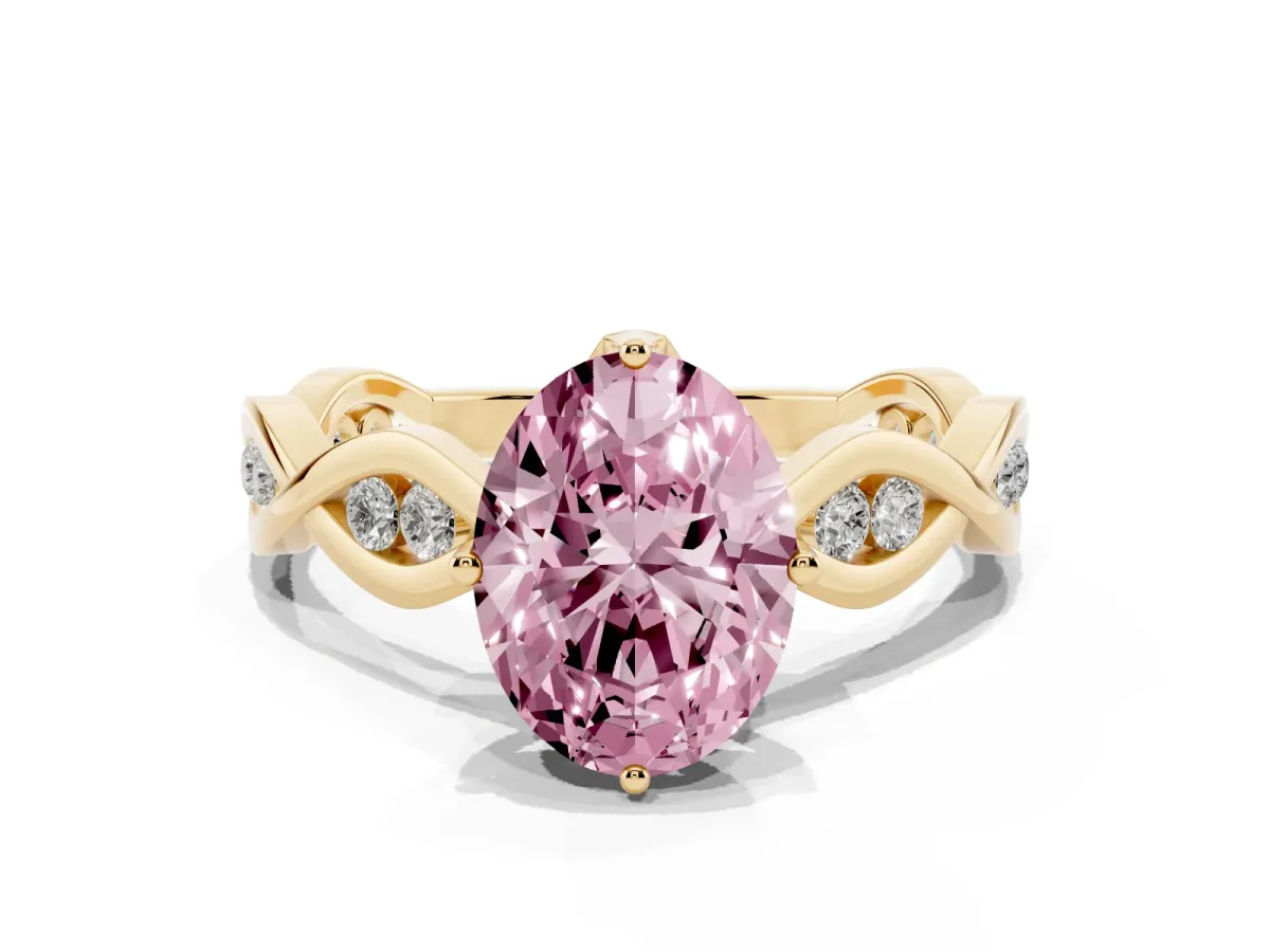 Fancy Pink Oval Cut Solitaire Twist Band with Leaf Prong Setting Yellow gold