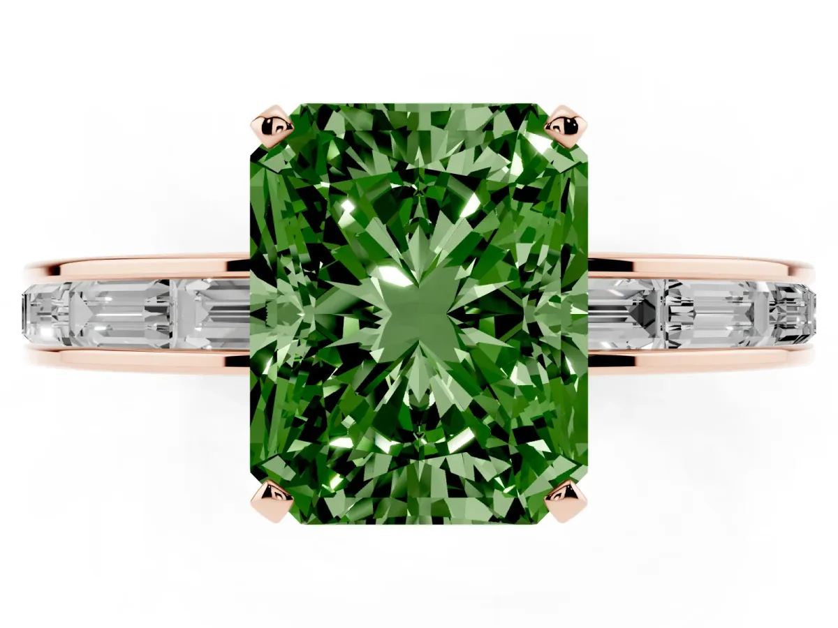 Fancy Green Radiant Cut Solitaire Diamond Ring with Channel-Set Baguette Band and Four-Prong Setting Rose gold