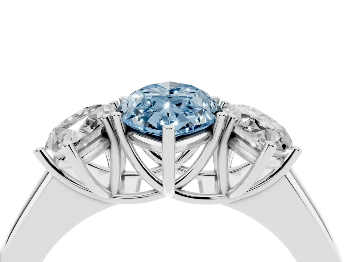 Fancy Blue Three-Stone Marquise Cut Cut Diamond Ring with Prong Setting and Classic Band Silver