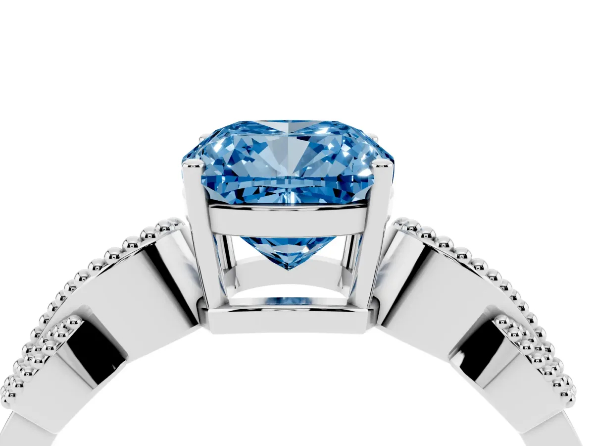 Fancy Blue Cushion Cut Solitaire Milgrain Leaf Band with Prong Setting Silver