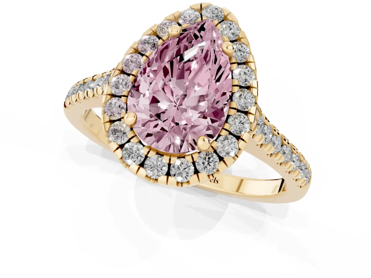 Fancy Pink Pear Cut Diamond Cushion Halo Ring with Pavé Band Yellow gold