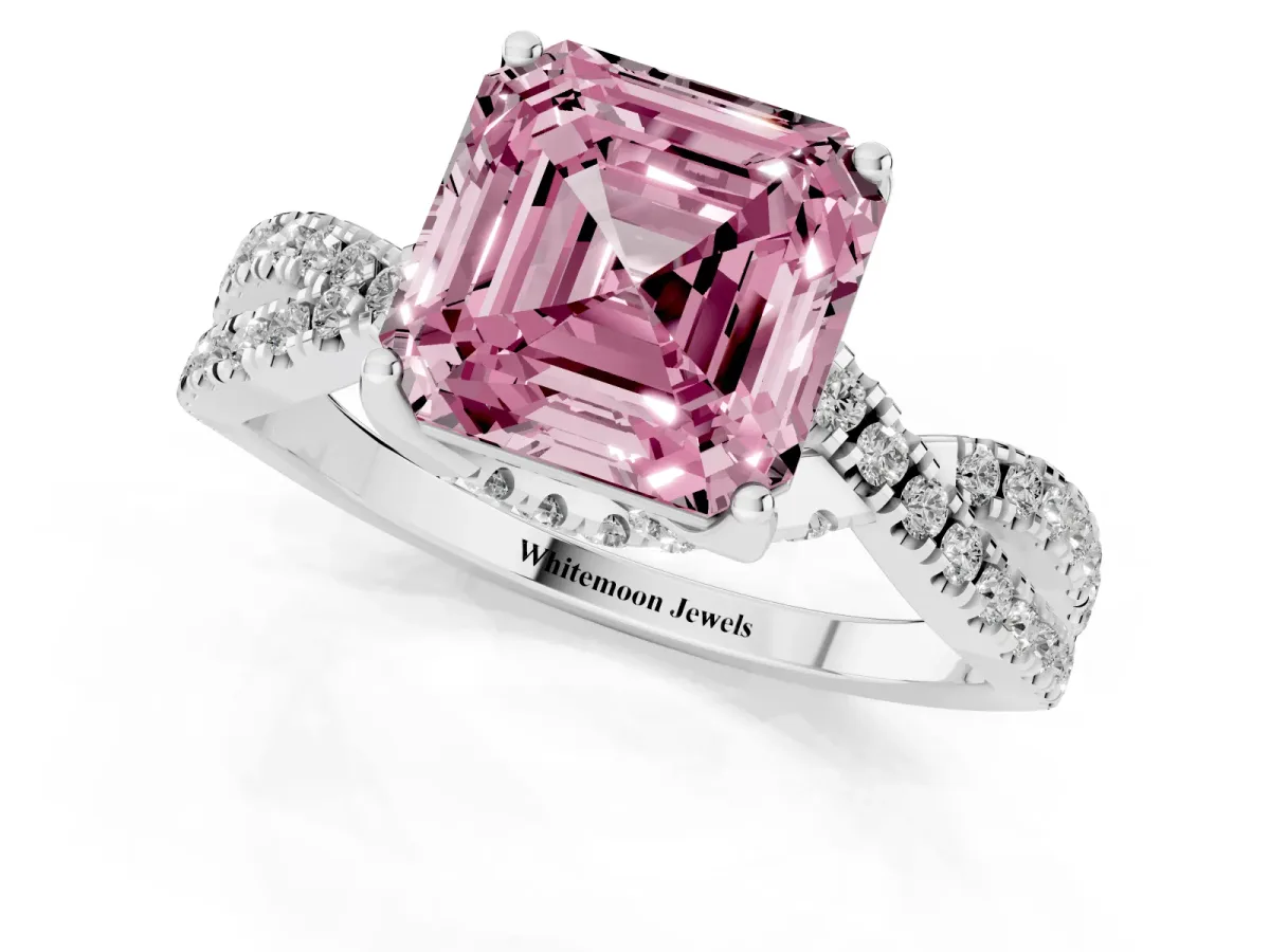 Fancy Pink Asscher Cut Solitaire Twist Pave Diamond Engagement Ring with Prong Setting Silver