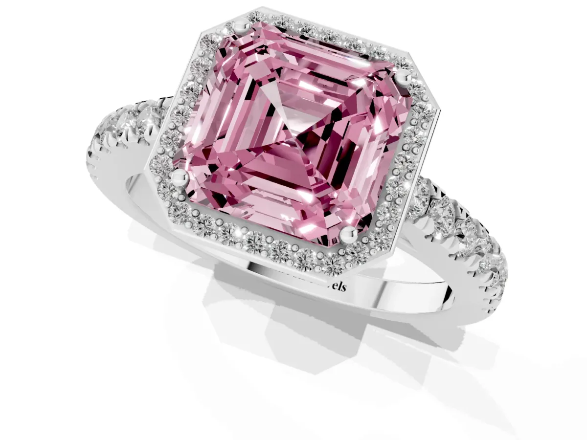 Fancy Pink Asscher Cut Cut Halo Diamond Engagement Ring with Pave Band and Four-Prong Setting White gold
