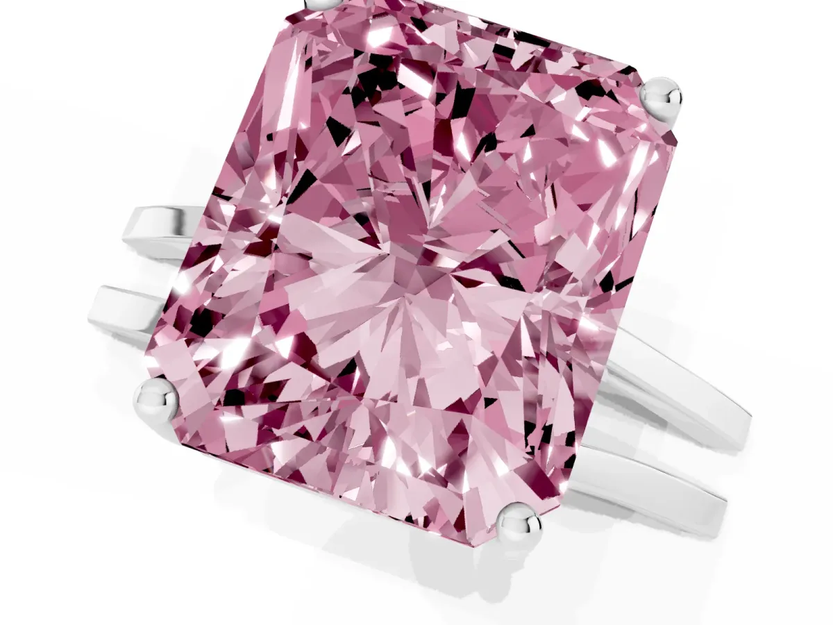 Fancy Pink Radiant Cut Cut Diamond Solitaire Engagement Ring with Tapered Plain Band and Four-Prong Setting Silver