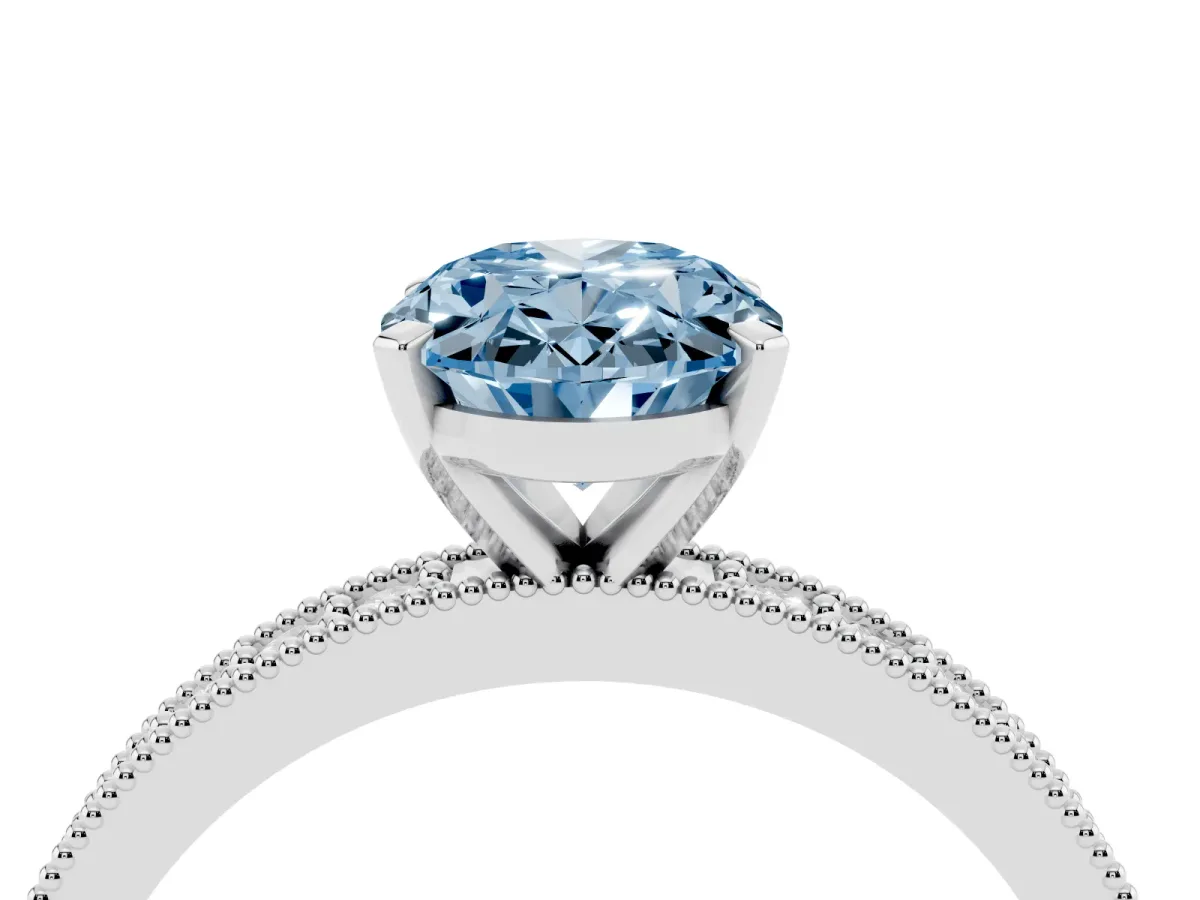 Fancy Blue Oval Cut Diamond Milgrain Pavé Engagement Ring with Four-Prong Setting Platinum