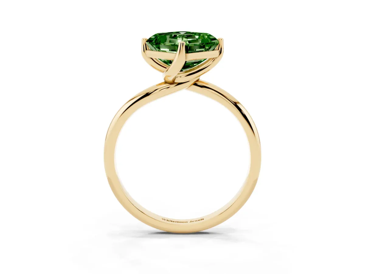 Fancy Green Asscher Cut Diamond Solitaire Engagement Ring with Four-Prong Setting and Classic Band Yellow gold