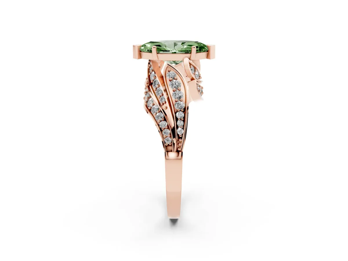 Fancy Green Marquise Cut Diamond Solitaire Ring with Prong Setting and Twisted Pavé Band Rose gold
