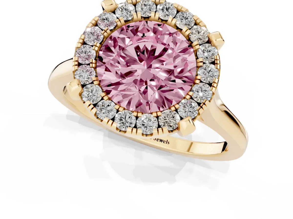 Fancy Pink Round Cut Diamond Cluster Halo Solitaire with Four-Prong Setting Yellow gold