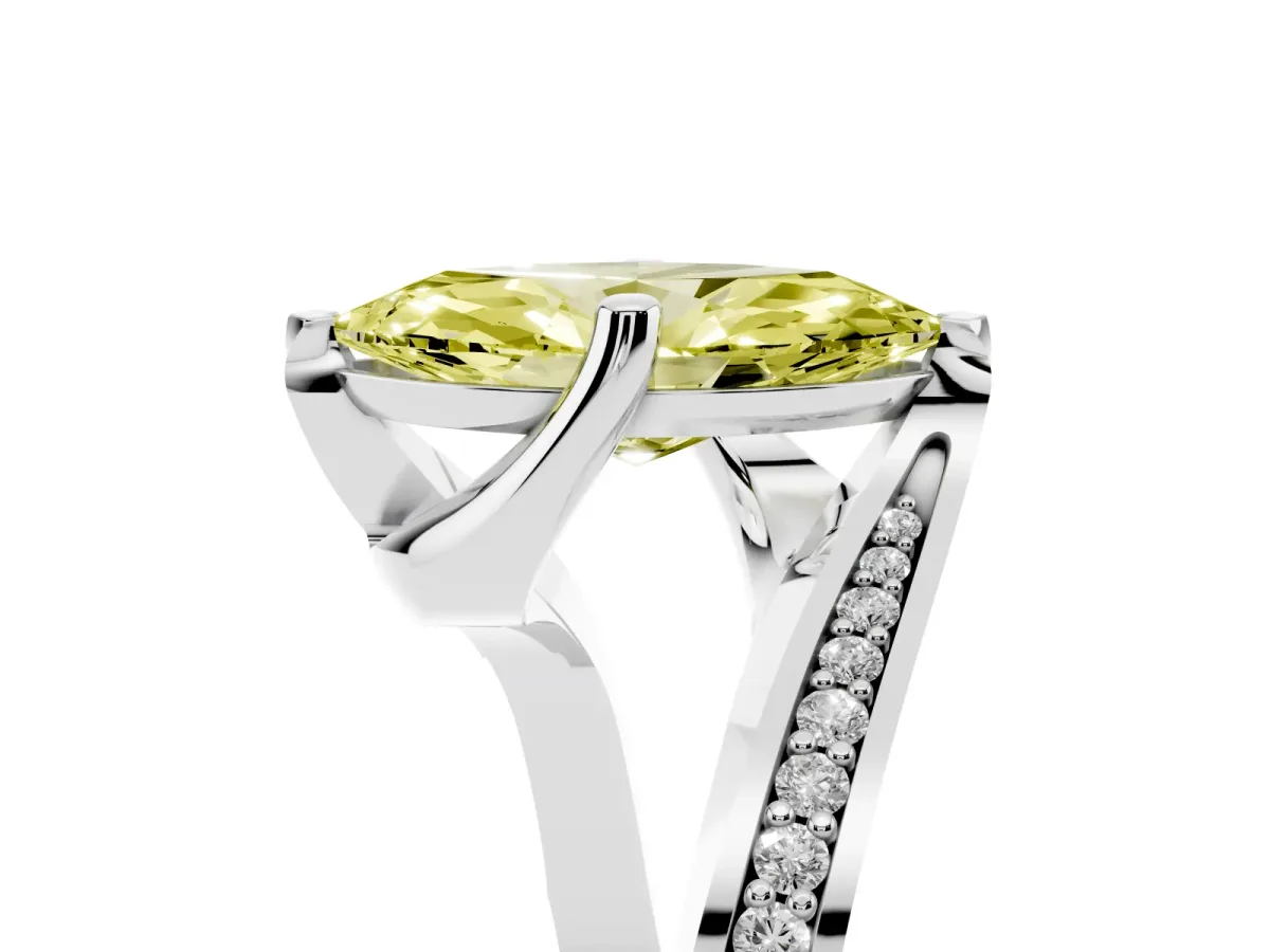 Fancy Yellow Marquise Cut Solitaire Diamond Twist Band with Pavé Setting and Four-Prong Setting Platinum