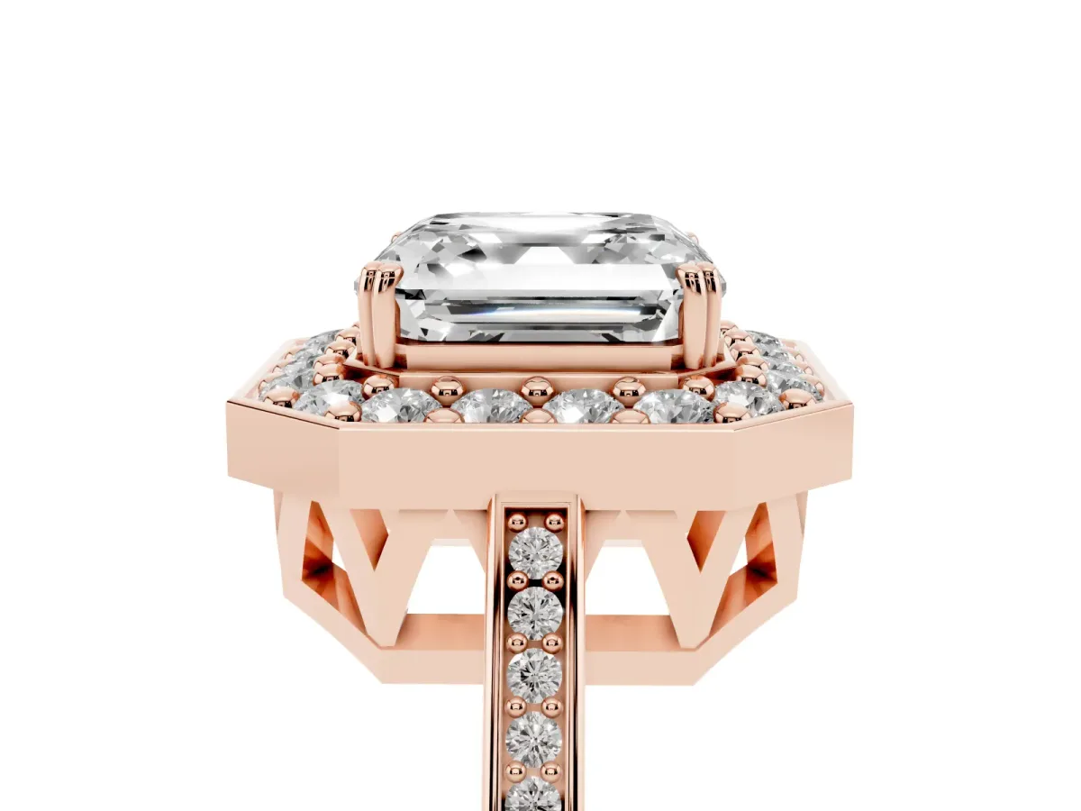 Asscher Cut Diamond Halo Ring with Split Shank and Four-Prong Setting Rose gold