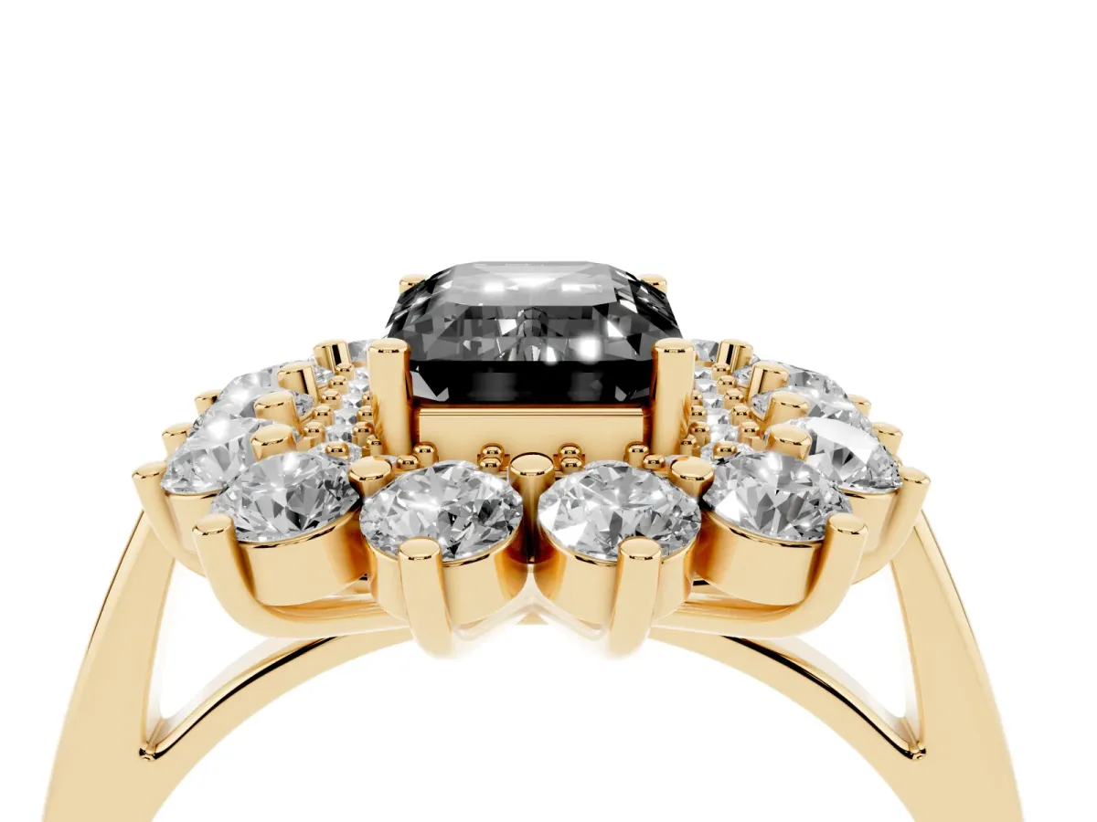 Fancy Black Emerald Cut Diamond Floral Double Halo Engagement Ring with Prong Setting Yellow gold