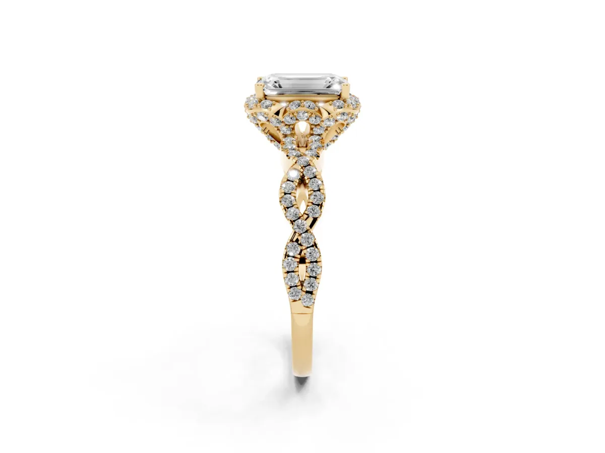 Emerald Cut Halo Twist Band Solitaire Ring with Six-Prong Setting Yellow gold