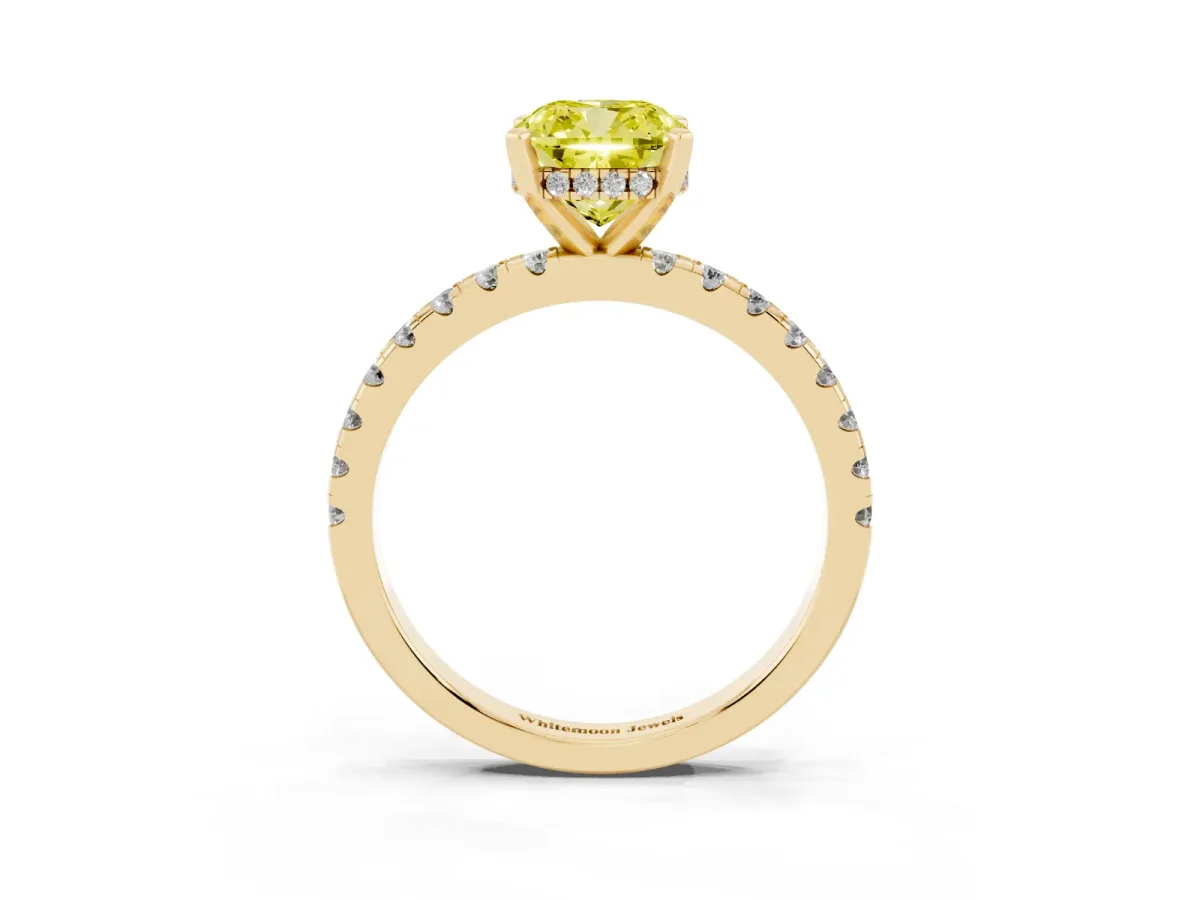 Fancy Yellow Cushion Cut Diamond Solitaire Ring with Round Pavé Band and Four-Prong Setting Yellow gold