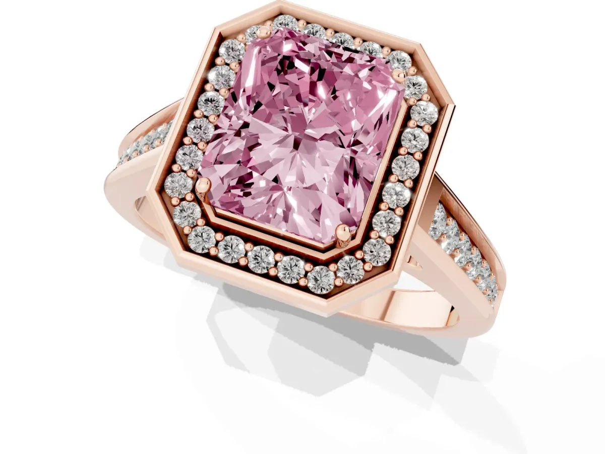 Fancy Pink Emerald Cut Halo Solitaire Diamond Ring with Pave Band and Bezel Setting Rose gold