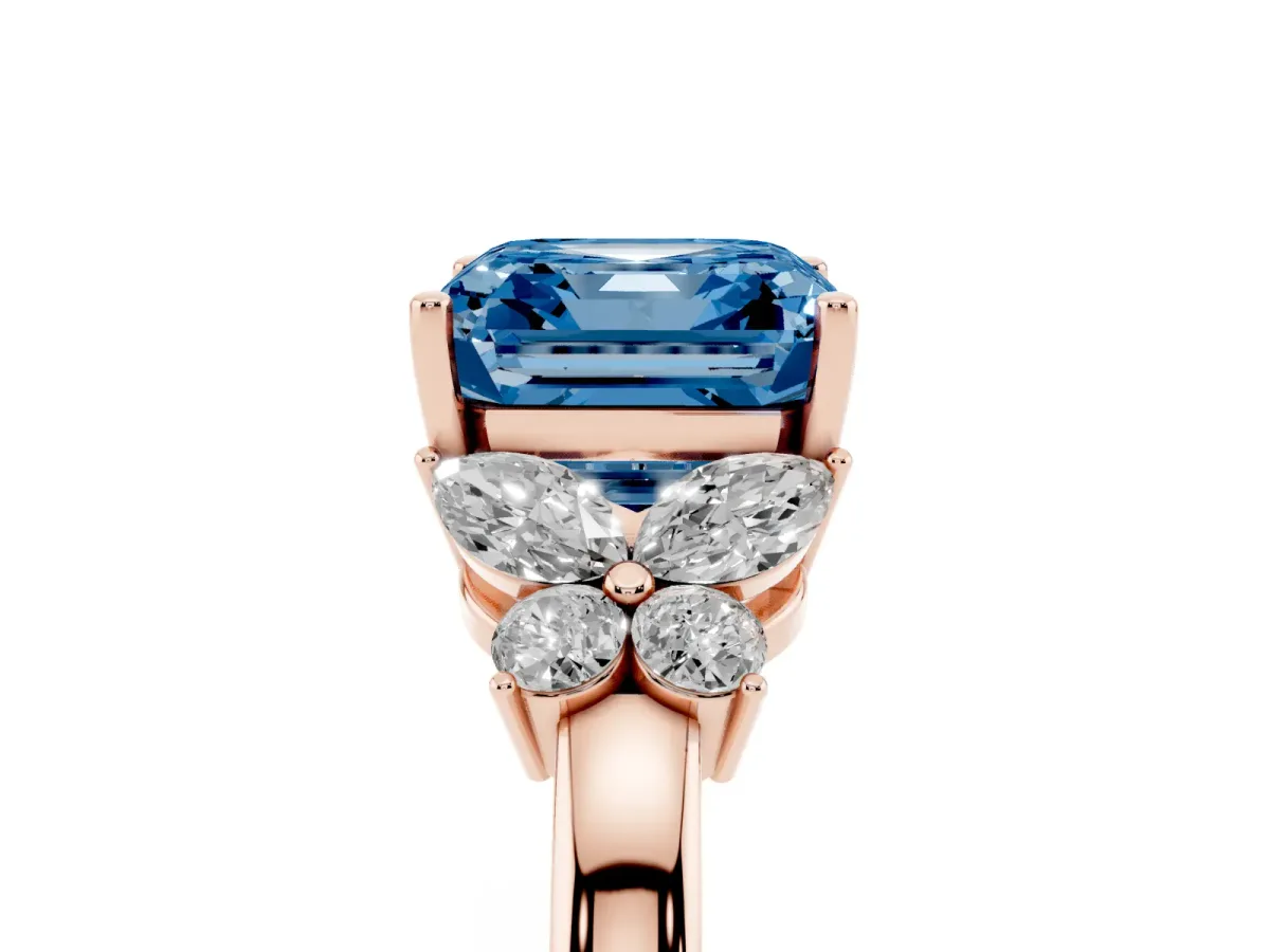 Fancy Blue Asscher Cut Cut Solitaire Floral Diamond Ring with Four-Prong Setting Rose gold