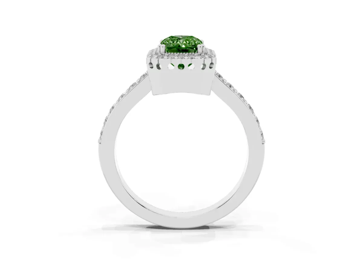 Fancy Green Radiant Cut Cut Diamond Halo Engagement Ring with Milgrain Detail and Pavé Band Silver
