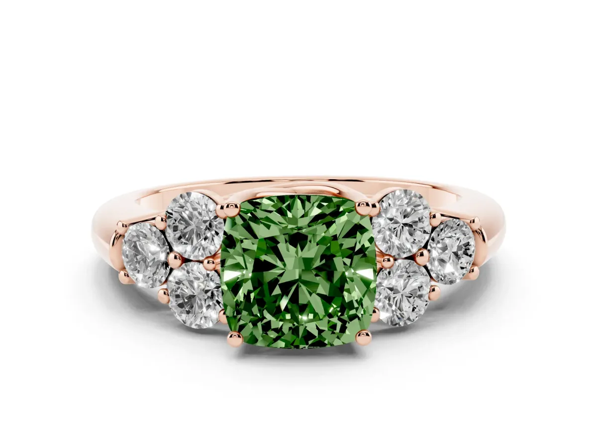Fancy Green Cushion Cut Cut Diamond Cluster Ring with Round Accent Stones and Prong Setting on a Classic Band Rose gold