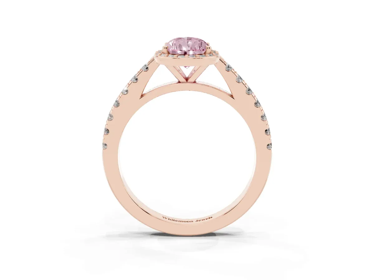 Fancy Pink Pear Cut Cut Halo Diamond Engagement Ring with Pave Band and Four-Prong Setting Rose gold
